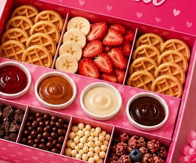 Caja Fruti Beach con miniwaffles, frutillas, plátano, salsas y toppings