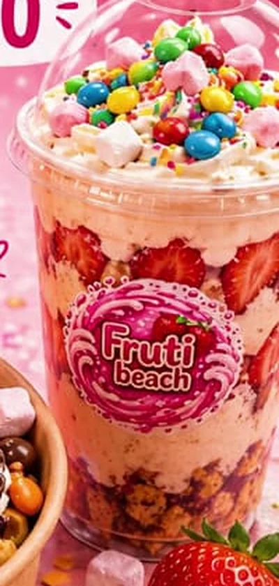 Vaso de frutillas con crema y toppings de colores